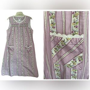 Lanz of Salzburg Dress Womens L Purple Floral Check Sleeveless Jumper Sun Button